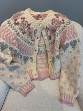 LoveShackFancy Cream Cardigan with Pink and Gray Fair Isle Motif